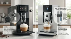 Illustration highlighting the fine foam technology and milk frothing capabilities of the Jura S8 and Jura Z10 coffeemakers.