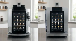 Comparison diagram showing the color touchscreen user interface and menu navigation on the Jura S8 versus the Jura Z10.