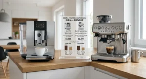 Side-by-side cost and feature comparison of a Jura super-automatic and a Breville semi-automatic espresso machine