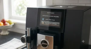 Touchscreen interface displaying automated rinse and cleaning prompts on the Jura Z10.