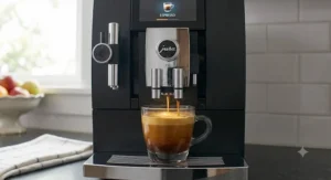 Freshly pulled espresso shot with thick golden crema brewed by the Jura Z10 machine.