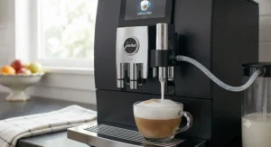 Automatic milk frothing system on the Jura Z10 dispensing milk foam into a glass cappuccino cup.
