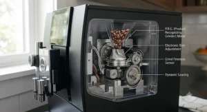 Illustration highlighting the Product Recognizing Grinder mechanism inside the Jura Z10 coffee machine.