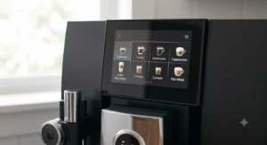Close-up of the Jura Z10 color touchscreen interface showing espresso and specialty drink options.