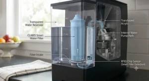 Diagram showing the water reservoir and CLARIS Smart filter placement on the Jura Z10.