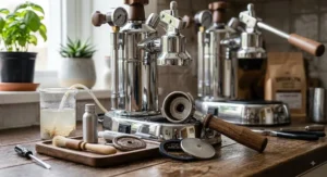 Group head gasket replacement and descaling maintenance setup for a La Pavoni Europiccola espresso machine.