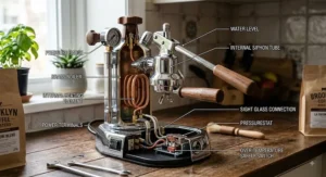 Diagram showing the internal brass boiler and electrical heating element of a La Pavoni Europiccola espresso maker.