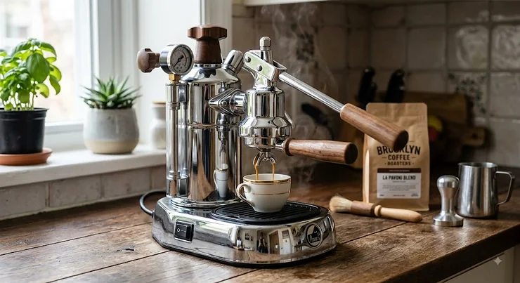 Classic La Pavoni Europiccola manual lever espresso machine in polished chrome with wooden handles on a countertop.