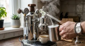 Steam wand on a La Pavoni Europiccola frothing milk in a stainless steel pitcher for cappuccinos and lattes.