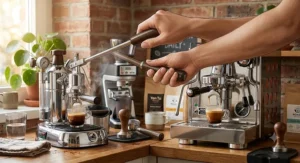 Barista pulling the handle on a lever espresso machine to manually control extraction pressure.
