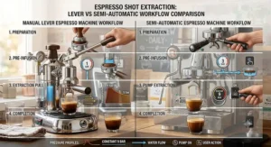 Diagram illustrating the shot extraction workflow of a lever espresso machine versus a semi-automatic espresso machine.