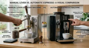 Visual comparison between a manual lever espresso machine and an automatic espresso machine.