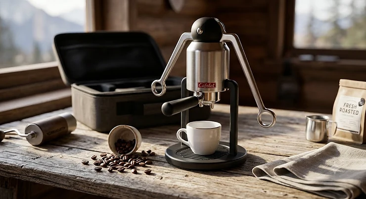 Compact portable lever espresso machine set up on a rustic wooden table with fresh coffee beans