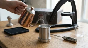 Illustration demonstrating how to preheat the cylinder brew chamber of a Flair espresso maker using hot water.
