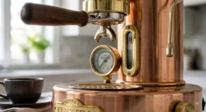 Pressure gauge and water level sight glass mounted on the front of an Elektra Microcasa Leva