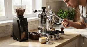 Illustration of a barista pulling down the lever on a spring lever espresso machine to compress the internal spring.