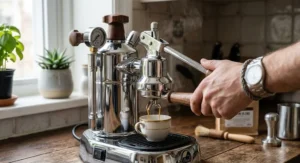 Barista pulling a fresh espresso shot by raising and pressing the manual lever on a La Pavoni Europiccola.