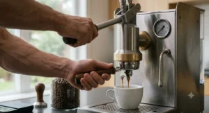 Barista pulling down the lever arm on a classic manual lever espresso machine to generate pressure.