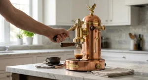 Barista pulling down the spring lever on an Elektra Microcasa Leva espresso machine to start extraction
