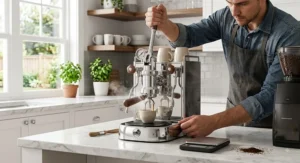 Barista pressing down the manual lever on a direct lever espresso machine to pull a shot.