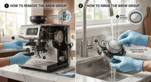 Illustration showing how to remove and rinse the brew group of a premium super automatic espresso machine.
