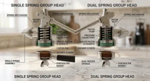Side-by-side comparison diagram showing single spring versus dual spring group heads on a lever espresso machine.