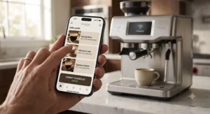 Smartphone app displaying custom drink profiles for a smart premium super automatic espresso machine.