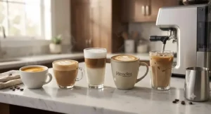 Variety of custom coffee beverages including lattes and cappuccinos made by a premium super automatic espresso machine.