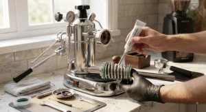 Step-by-step illustration showing piston gasket lubrication and routine maintenance on a spring lever espresso machine.