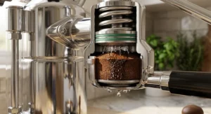 Close-up cutaway showing water saturating coffee grounds during the low-pressure pre-infusion phase in a spring lever espresso machine.