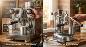 Barista steaming milk for a latte on a semi-automatic espresso machine compared to a manual lever machine.