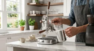 Using the steam wand on a direct lever espresso machine to froth milk for a latte.
