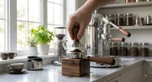Tamping finely ground coffee into the portafilter for an Elektra Microcasa Leva espresso maker
