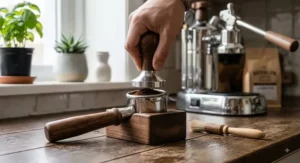 Tamping finely ground espresso coffee into a La Pavoni Europiccola portafilter basket with a metal tamper.