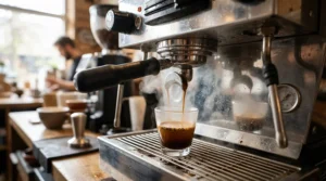 An affordable PID-controlled espresso machine extracting a rich shot of espresso into a glass cup.