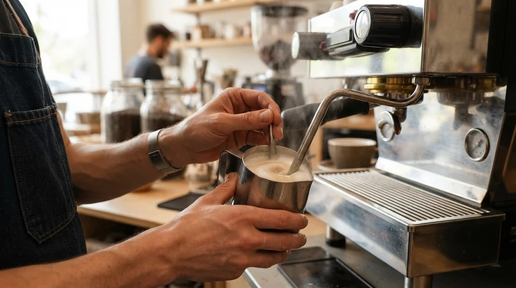 A home barista steaming milk with the powerful steam wand of a dual boiler espresso machine.