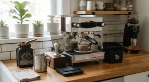 A complete home coffee bar featuring a great value PID-controlled espresso machine and accessories.