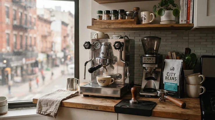 A space-saving budget heat exchange espresso machine neatly installed in a small urban apartment kitchen.