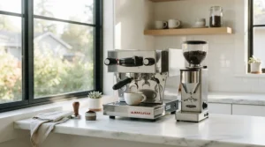 A compact budget heat exchange espresso machine sitting on a modern kitchen counter with morning sunlight streaming in.