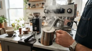 Steaming milk with the powerful steam wand of a budget heat exchange espresso machine for a latte.