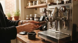 Close-up of a barista operating a value budget heat exchange espresso machine during the morning rush.