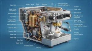 A detailed side-by-side display showcasing internal copper boilers of a budget heat exchange espresso machine.