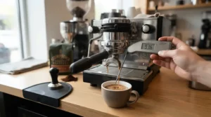 Digital thermometer checking brewing temperature stability on a budget heat exchange espresso machine.