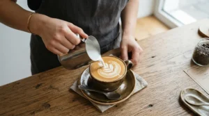 Pouring latte art into a ceramic mug using steamed milk from a budget heat exchange espresso machine.