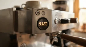Close-up of a budget-friendly PID-controlled espresso machine showing a precise digital temperature display.