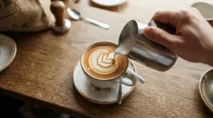Close-up of steamed milk being poured into espresso using a dual boiler espresso machine for commercial use.