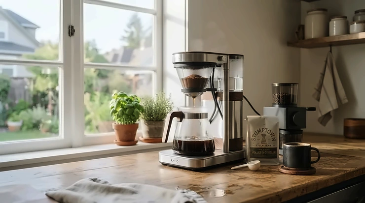A sleek compact dual boiler espresso machine for apartments placed neatly on a modern kitchen counter with morning sunlight.