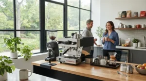 Large dual boiler espresso machine for commercial use providing drinks in a corporate office breakroom