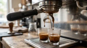 Close-up of a dual boiler espresso machine for commercial use extracting two rich shots simultaneously.