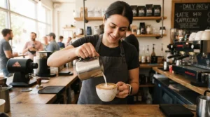 Professional barista using a dual boiler espresso machine for commercial use in a busy coffee shop